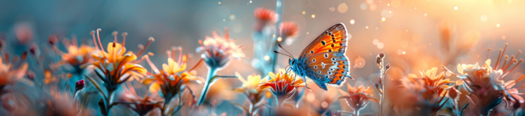 Enchanting Butterfly on a Blooming Meadow at Twilight - obrazy, fototapety, plakaty
