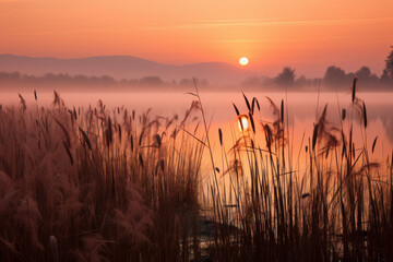 Misty Lake Sunrise with Tall Reeds and Distant Hills - Powered by Adobe