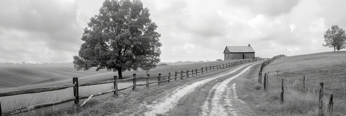 Fototapeta premium Rustic Country Road with Barn and Fence in Black and White Panorama