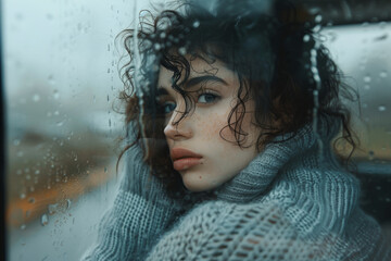 Contemplative Young Woman Gazing Through Rain-Speckled Window
