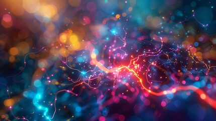 Experiment with vibrant colors and intricate patterns to depict the intricate network of brain light lines pulsating with energy ,close-up,ultra HD,digital photography