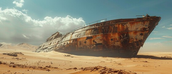 The remains of the ship lie half buried in the desert, a haunting reminder of a bygone era of exploration and adventure ,3DCG,high resulution,clean sharp focus - obrazy, fototapety, plakaty
