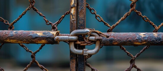 Closeup of a padlocked wire-netting gate secured with a thick metal chain.