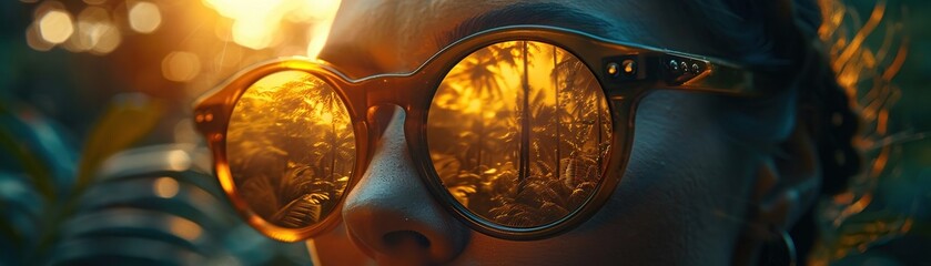 Explorer Vision of a Golden Forest Jungle at Sunset Reflected in the Lenses of Stylish Sun Glasses - obrazy, fototapety, plakaty