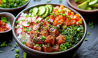 Hawaiian poke - fish with rice and vegetables. Food with a tropical twist