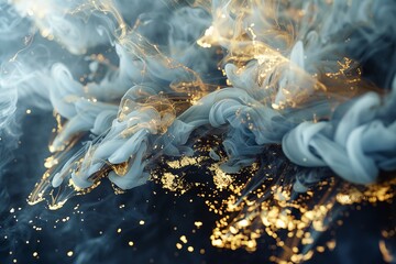 Abstract capture of smoke and gold sparks, ideal for artistic concepts and creative projects requiring a dynamic backdrop.

 - obrazy, fototapety, plakaty