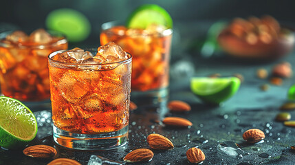 Mai Tai - rum cocktail with lime and almonds. Summer vacation aesthetics. Drinks with a tropical twist - obrazy, fototapety, plakaty