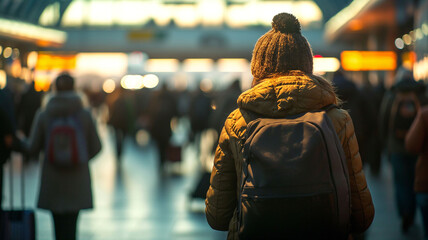 A person with a winter hat and backpack stands in a train station, their gaze lost in the busy flow of passengers