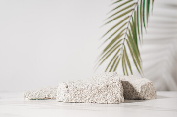 Mockup cosmetics product presentation scene featuring a natural pumice stone and a palm leaf. The setting showcases the beauty of these natural skincare products in a stylish and elegant manner.