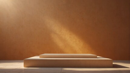 orange pastel background with square podium on the center with sunlight rays from Generative AI