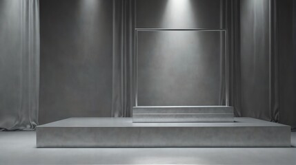 silver pastel background with square podium on the center with sunlight rays from Generative AI