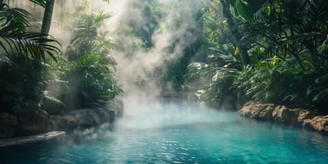Misty Jungle Hot Springs Oasis at Dawn - obrazy, fototapety, plakaty