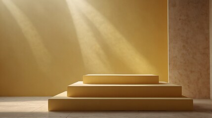 yellow pastel background with square podium on the center with sunlight rays from Generative AI