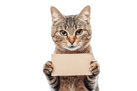 cat holding a sign or banner, isolated on a white background