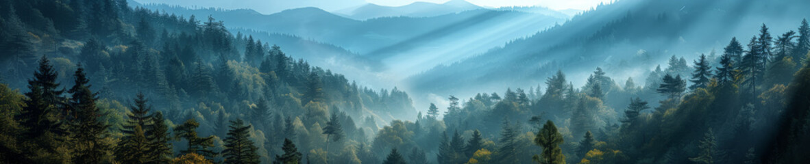 Misty Mountain Forest Panorama at Sunrise - obrazy, fototapety, plakaty