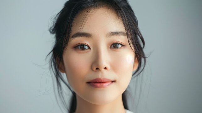 Korean woman exhibits beauty and elegance in a serene portrait with natural makeup
