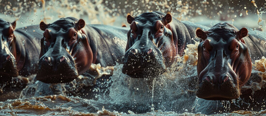 A group of hippos in the water, motion capture - obrazy, fototapety, plakaty