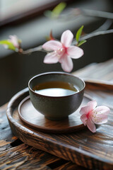 Fototapeta na wymiar Traditional Japanese Tea Ceremony Setting with Cherry Blossoms