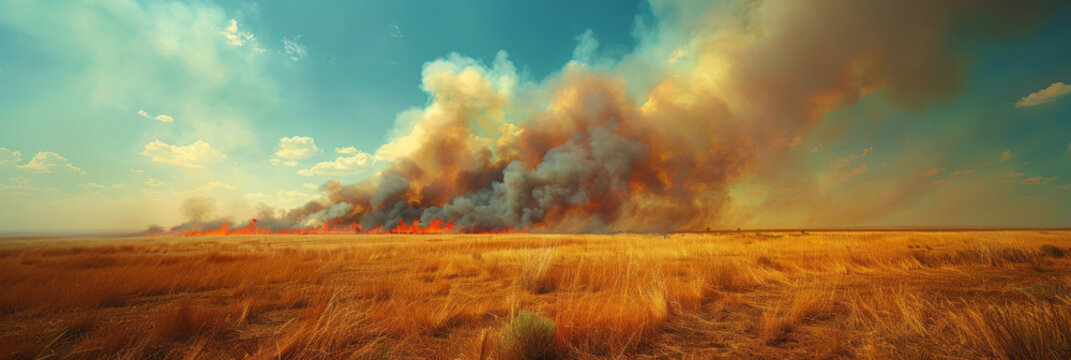 Vast Wildfire Engulfing Prairie Landscape Under Stormy Skies