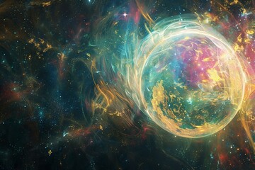 Obraz premium A glowing orb floating in the depths of space. The sky's glow casts intricate patterns of light among the stars and nebulae in the universe.