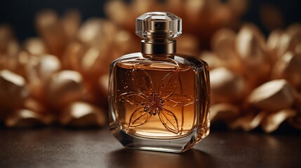 bronze flower petals background with beautiful glass for womens perfume bottle from Generative AI