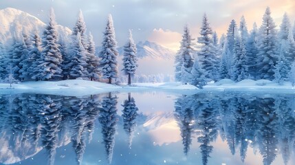 Artificial Intelligences Icy Creations Intricate Snow-covered Pine Trees Formed through Vibrant Digital Painting and Dreamlike Reflections in a