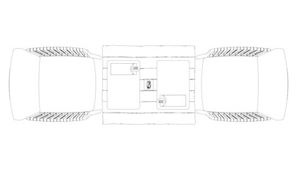 Outline of two chairs and a table with forks, knives and napkins. View from above.