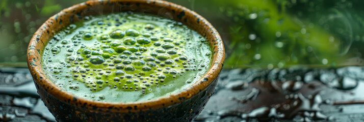 Rainy Day Matcha: Refreshing Green Tea in a Rustic Cup