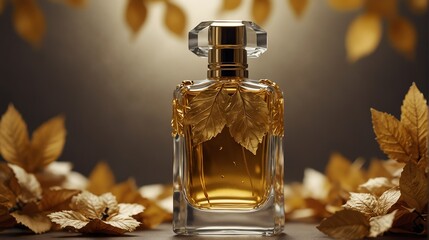 gold leaves background with beautiful glass for womens perfume bottle from Generative AI