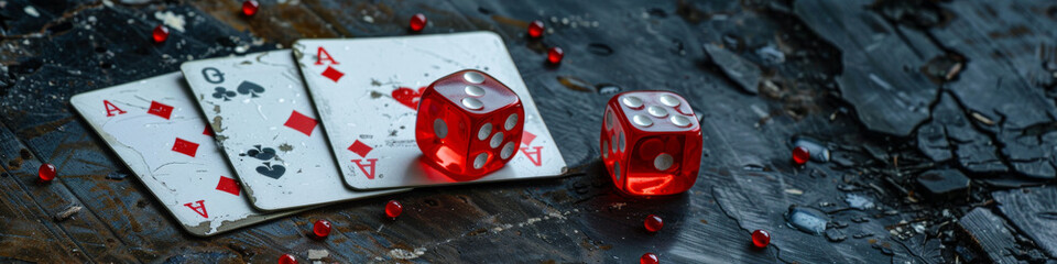Gaming Dice and Cards on a Weathered Wooden Surface