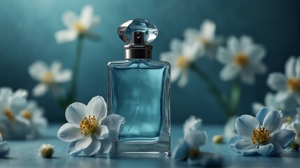 light blue petals background with beautiful glass for womens perfume bottle from Generative AI
