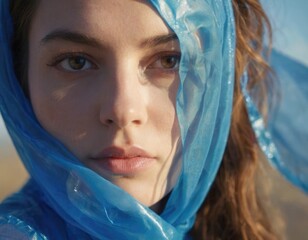 Naklejka premium Portrait of woman dressed in blue plastics