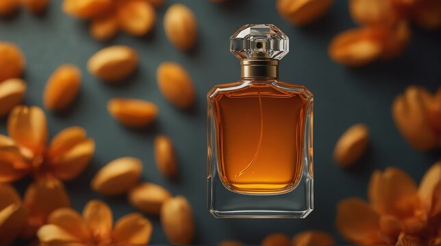 orange petals background with beautiful glass for womens perfume bottle from Generative AI