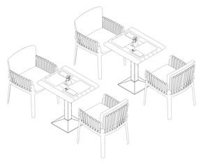 Outline of chairs and a tables with forks, knives and napkins. Isometric View. 3D.