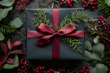 Festive Gift Box with Red Ribbon Amidst Holiday Greenery