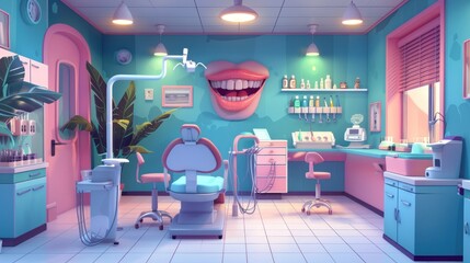 A cartoonish dental office with a large tooth on the wall