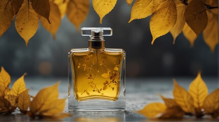 yellow leaves background with beautiful glass for womens perfume bottle from Generative AI