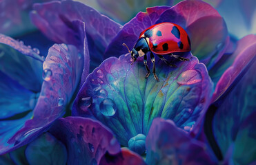 Closeup of a ladybug on a purple flower, macro photography of a red and black polka dot bug on a blue green flower with a pink yellow center