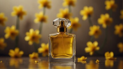yellow petals background with beautiful glass for womens perfume bottle from Generative AI