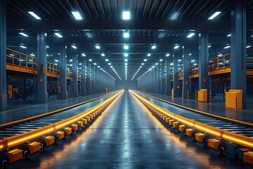 Symmetrical warehouse in metropolis with electric blue conveyor belt track - obrazy, fototapety, plakaty