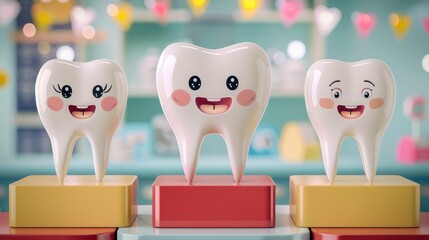 Obraz premium Three cartoon teeth are standing on a red and yellow platform