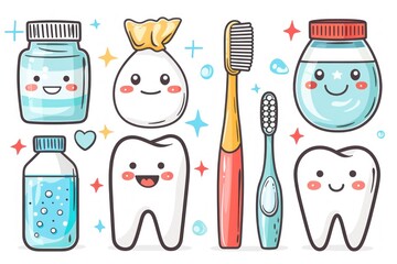 A cartoonish illustration of a toothbrush, toothpaste, and a toothbrush holder