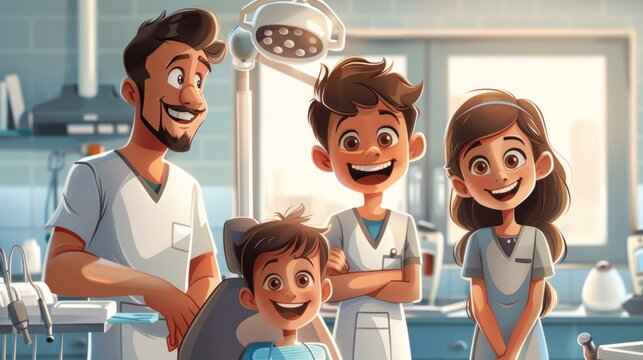 A cartoon drawing of a dentist's office with a man and three children