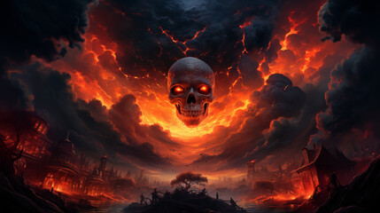 Hellish Skull and Fiery Clouds over a Cursed Cityscape Art - obrazy, fototapety, plakaty