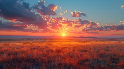 Wide perspective, growth across warm soil plains, emotional sunset, earthy tones, tranquil and abundant - obrazy, fototapety, plakaty
