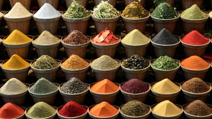 A Symphony of Spices at a Market Display. Concept Spice Market, Aromatic Flavors, Vibrant Displays, Culinary Delights, Exotic Ingredients