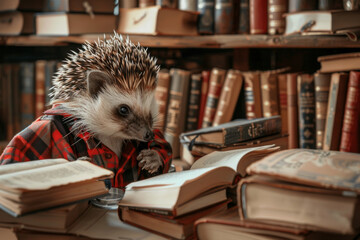 Adorable Hedgehog in Plaid Shirt Browsing Through Library Books - obrazy, fototapety, plakaty