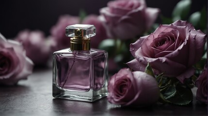 Obraz na płótnie Canvas purple roses background with beautiful glass for women fbcab-b-d-be-bbfield background with beautiful glass for womens perfume bottle from Generative AI