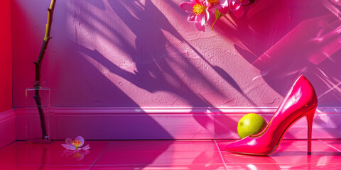 Vibrant Composition: High Heel, Lemon, and Floral Shadow Play