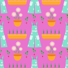 Garden tools and plants seamless pattern, pots, bow, overalls, flowers on a pink background.